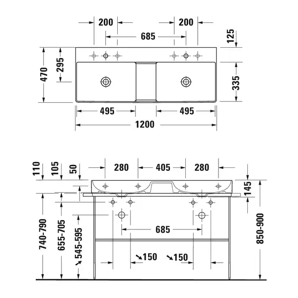 Комплект мебели тумба подвесная с двойной раковиной Duravit XSquare 118,4 х 46 см (XS416402222+23531200141) фото 4 Aquada.com.ua