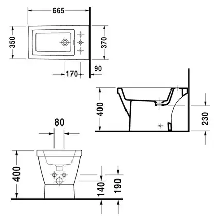 Биде напольное Duravit 2nd Floor 66,5х37 см с 1 отверстием для смесителя (0137100000) фото 3 Aquada.com.ua