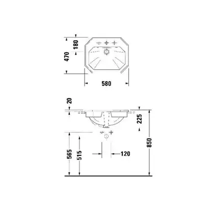 Встраиваемая раковина Duravit 1930 580 х 470 мм (3 отверстия для смесителя) (0476580030) фото 3 Aquada.com.ua