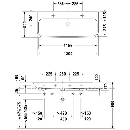 Раковина Duravit Happy D.2 120х50,5,см (с 3 отв. под смеситель) (2318120030) фото 3 Aquada.com.ua