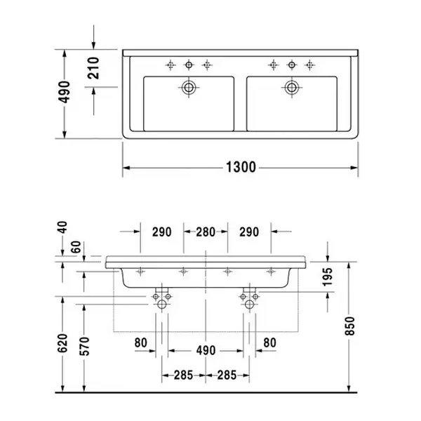 Раковина двойная Duravit Starck 3 1300 х 490 мм (0332130000) фото 3 Aquada.com.ua