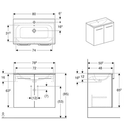 GEBERIT SELNOVA SQUARE комплект: умывальник встроенный Slim Rim, с тумбой 78,8*50,2см, двухдверной, белый глянец (501.256.00.1) фото 2 Aquada.com.ua