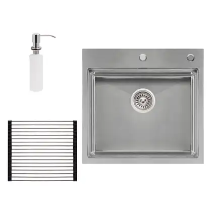 Набір 3 в 1 Qtap кухонна мийка DH5050 3.0/1.2 мм Satin + сушарка + дозатор для миючого засобу (QTDH5050SET3012) фото 1 Aquada.com.ua Набір 3 в 1 Qtap кухонна мийка DH5050 3.0/1.2 мм Satin + сушарка + дозатор для миючого засобу (QTDH5050SET3012) фото 1 Aquada.com.ua