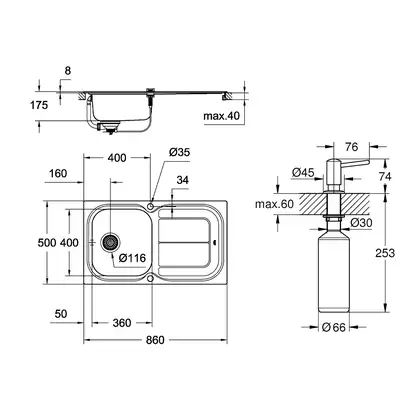 GROHE Мийка для кухні 860 x 500 мм з ексцентриком, 1 чаша, матова (31563SD0) GROHE Мийка для кухні 860 x 500 мм з ексцентриком, 1 чаша, матова (31563SD0)
