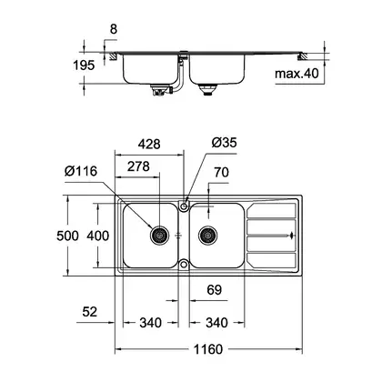 GROHE Мийка для кухні 1160 x 500 мм з ексцентриком, 2 чаши, матова (31588SD0) GROHE Мийка для кухні 1160 x 500 мм з ексцентриком, 2 чаши, матова (31588SD0)