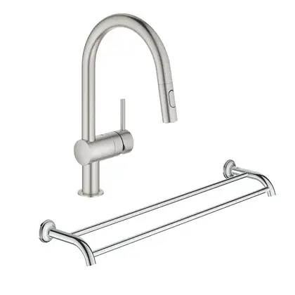 Набор Grohe смеситель для кухни с выдвижным изливом Minta 32321DC2 + полотенцедержатель Essentials Authentic 40654001 (32321DC240654001) Набор Grohe смеситель для кухни с выдвижным изливом Minta 32321DC2 + полотенцедержатель Essentials Authentic 40654001 (32321DC240654001)