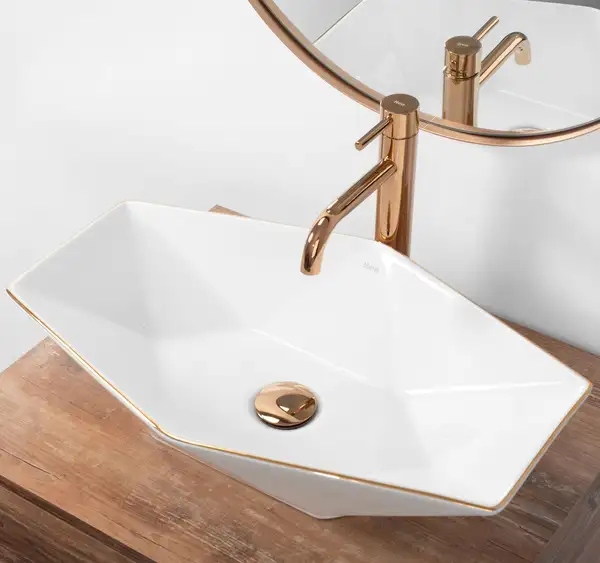 Rea Vegas Rose Gold Edge Умивальник, білий/рожеве золото (REA-U5605) Rea Vegas Rose Gold Edge Умивальник, білий/рожеве золото (REA-U5605)