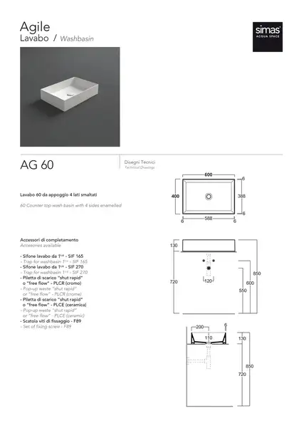 Simas Agile Раковина накладная 60х40 см, белый глянец (AG60)