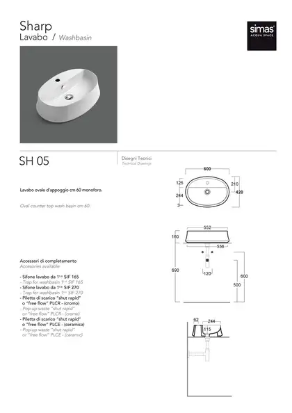 Раковина накладная на столешницу Simas Sharp 60 х 42 см (SH05)