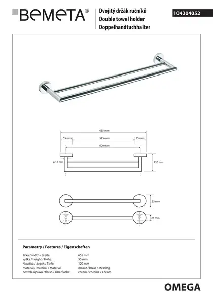 Тримач рушників 104204052 Omega : подвійний Bemeta Чехія Тримач рушників 104204052 Omega : подвійний Bemeta Чехія