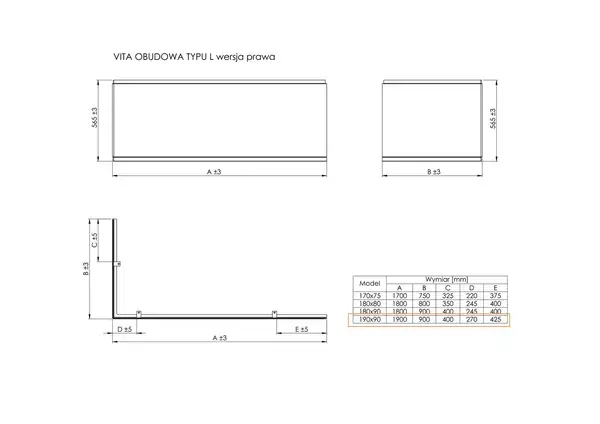 Панель Vita 1900x900 мм L подібна A25T038000) права Roca Ceramica ІСПАНІЯ (A25T038000)