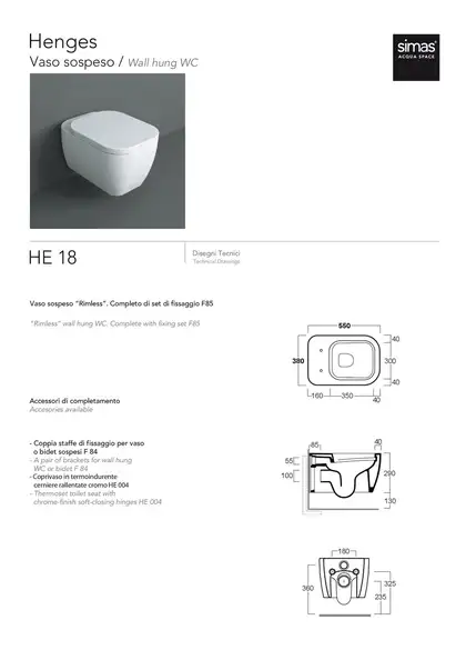Simas Henges HE18 F85 Унітаз підвісний, білий глянець (HE18/F85) Simas Henges HE18 F85 Унітаз підвісний, білий глянець (HE18/F85)