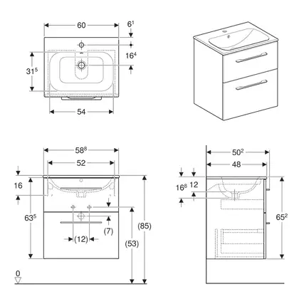 Geberit SELNOVA Square комплект: умывальник встроенный Slim Rim, с тумбой 58,8*50,2см, с 2мя ящиками, цвет белый глянец (501.236.00.1)