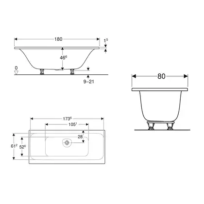 Ванна акриловая 180 х 80 х h46,6 см Geberit Tawa, slim rim, Duo в комплекте с ножками (554.124.01.1)