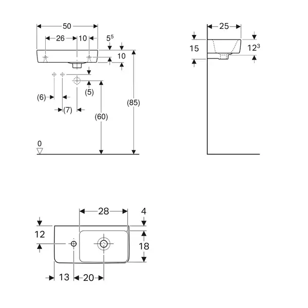 Маленькая (мини) раковина Geberit Selnova Compact 50 х 25 см, с 1 отверстием под смеситель слева (501.506.00.1)