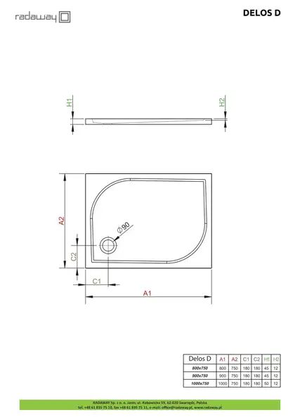 Душовий піддон Delos D 90x75 см, RADAWAY (4D97545-03)
