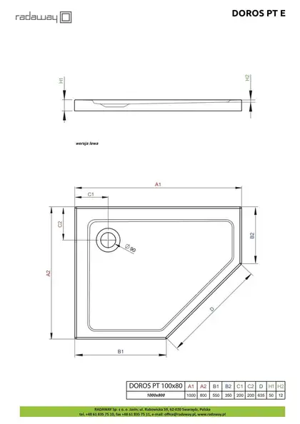 Radaway Doros PT E Душевой поддон 100x80 см, правый, белый (SDRPT1080-01R)