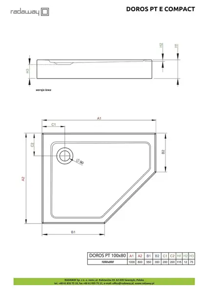 Душовий піддон Doros PT E Compact 100x80 см лівий, RADAWAY (SDRPTP1080-05L)