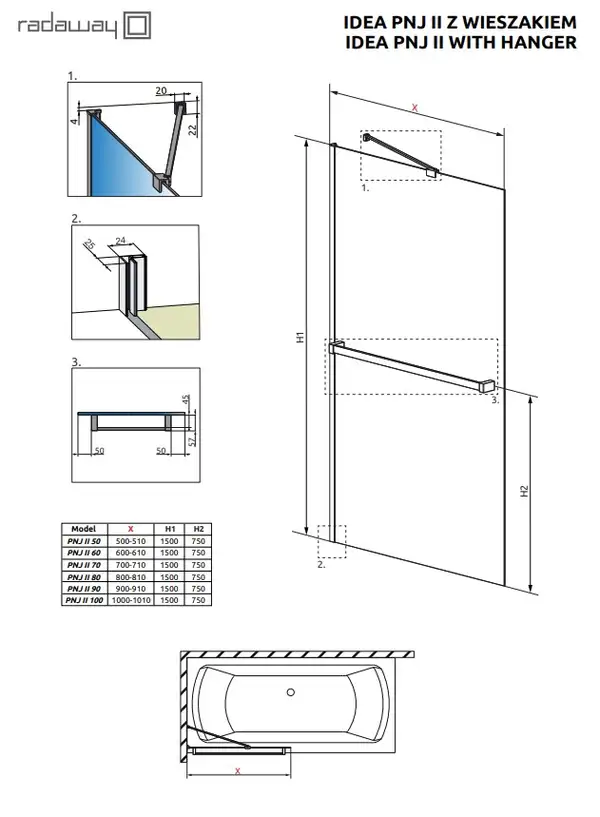 Шторка для ванни Idea PNJ II 90 з тримачем рушника, RADAWAY (10001090-01-01W)