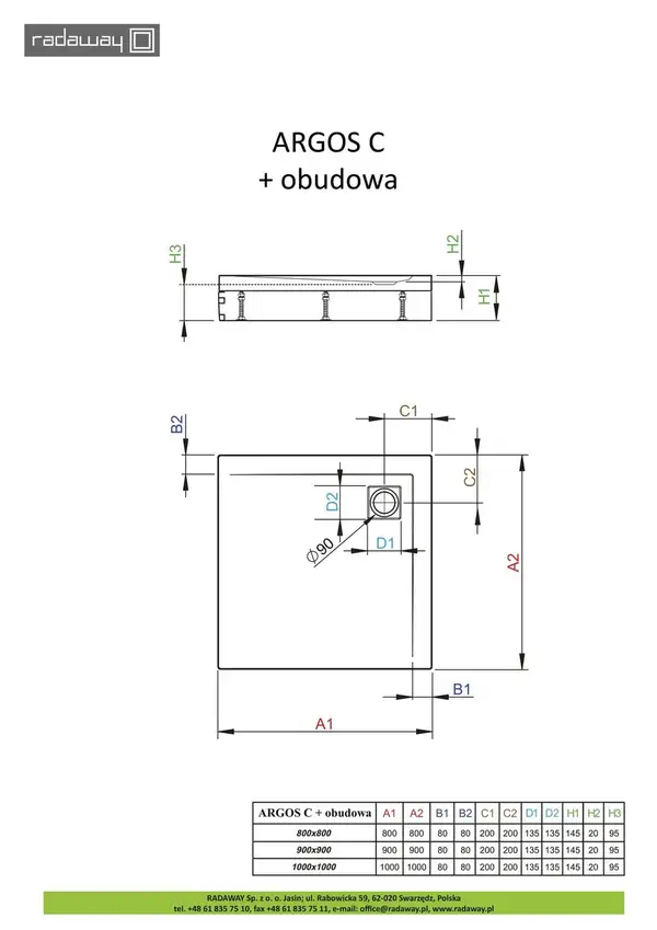 Душовий піддон зі з'ємною панеллю Argos C 90x90 см, RADAWAY (4ACN99-02)