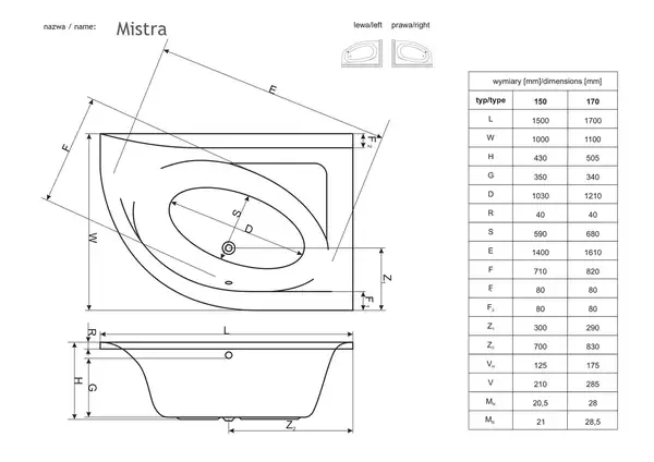 Панель до ванни ліва Мistra 150 L, RADAWAY (OBC-00-150X100L)