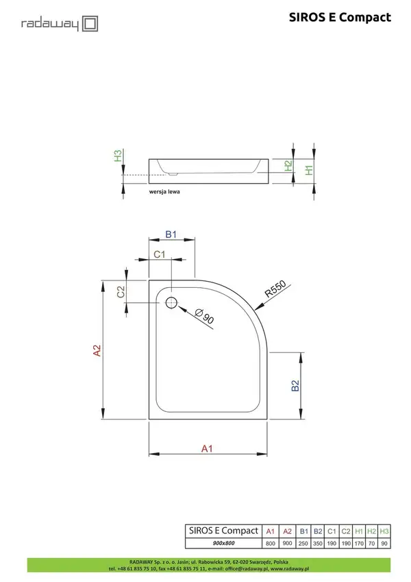 Душовий піддон Siros E Compact 90x80 см лівий, RADAWAY (SBE8917-1L)