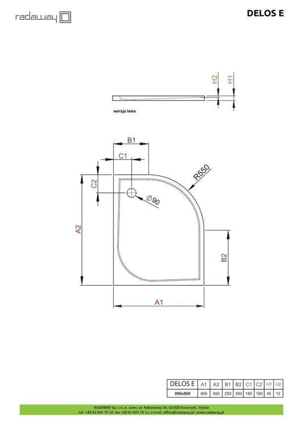 Душовий піддон Delos E 90x80см правий, RADAWAY (SDE8090-01R)