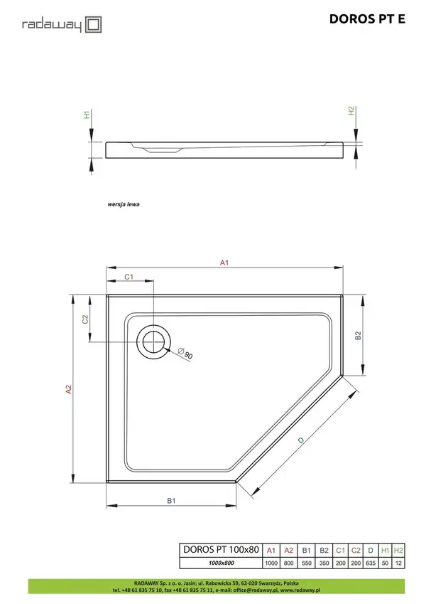 Душовий піддон Doros PT E 100x90 см правий, RADAWAY (SDRPT1090-01R)