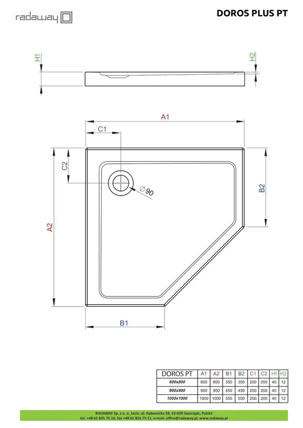 Душовий піддон Doros Plus PT 100x100 см, RADAWAY (SDRPTP1010-01)
