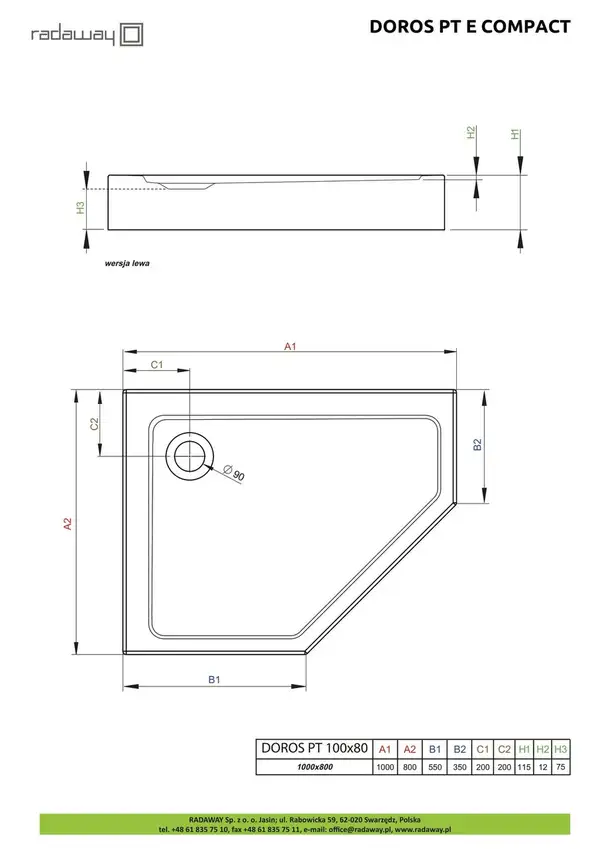 Душовий піддон Doros PT E Compact 100x80 см правий, RADAWAY (SDRPTP1080-05R)