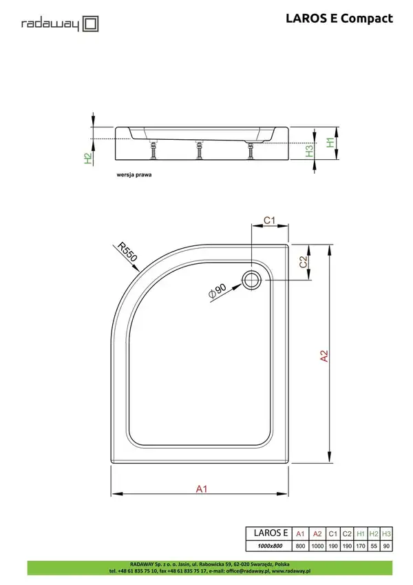Душовий піддон Laros E Compact 100x80 см правий, RADAWAY (SLE81017-01R)
