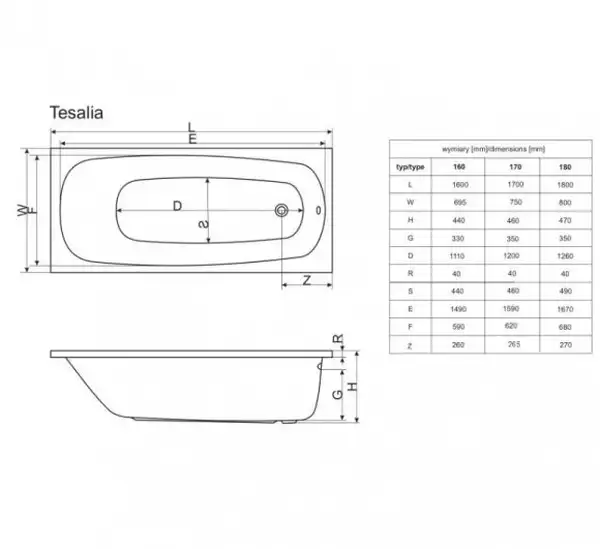 Ванна прямокутна TESALIA 180x80, RADAWAY (WA1-06-180x080U)