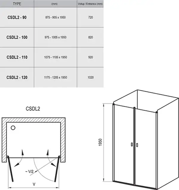 Душові двері двохелементні CSDL2-90 Transparent, (0QV7CC0LZ1) RAVAK