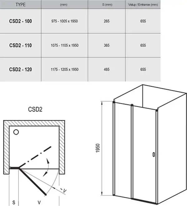 Душові двері двоелементні CHROME CSD2-110 Transparent, (0QVDCC00Z1) RAVAK