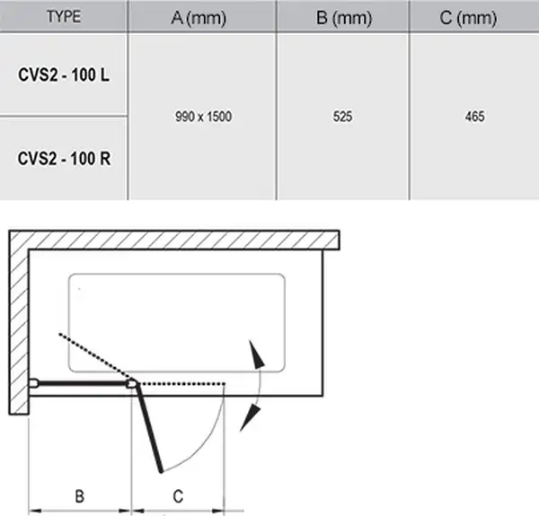 Шторка для ванни двохелементна CVS2-100 L Transparent, (7QLA0100Z1) RAVAK