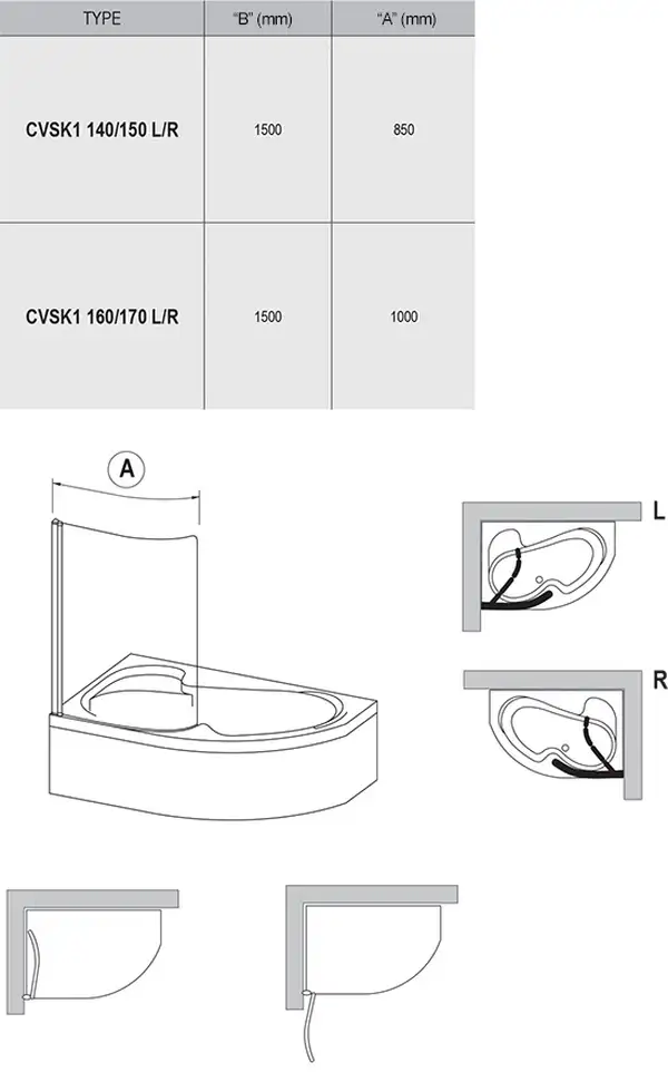 Шторка для ванни одноелементна CVSK1 ROSA 160-170 L Transparent, (7QLS0100Y1) RAVAK
