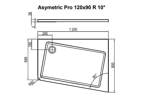 Душовий піддон правий ASYMETRIC PRO 120×90 R 10°, RAVAK (XA25G70101P)