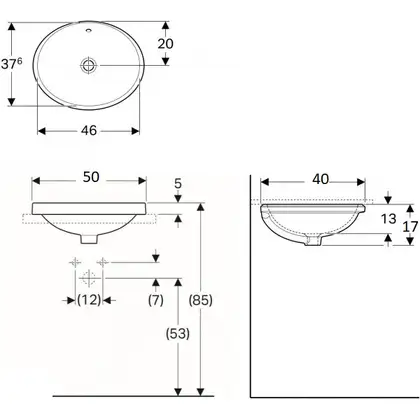 Geberit VARIFORM умывальник встраиваемый, овальной формы, 50*40см, с переливом, глазурованный снизу (500.709.01.2)