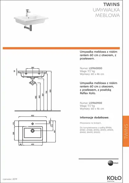 Kolo TWINS умывальник 60см, мебельный, с тонким бортом (L51960000) Kolo TWINS умывальник 60см, мебельный, с тонким бортом (L51960000)