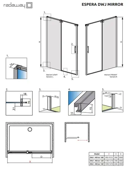 Душова стінка Espera DWJ Mirror 450 ліва, RADAWAY (380210-71L)