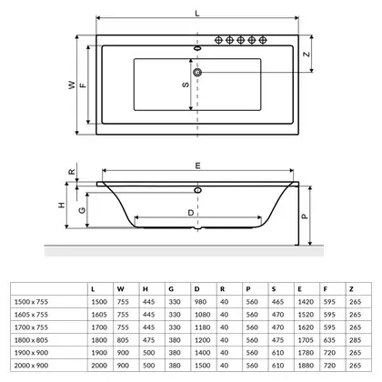 Radaway Aridea Ванна прямоугольная 190x90, белая (WA1-24-190x090US)