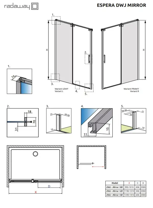 Душова стінка Espera DWJ Mirror 450 права, RADAWAY (380210-71R)