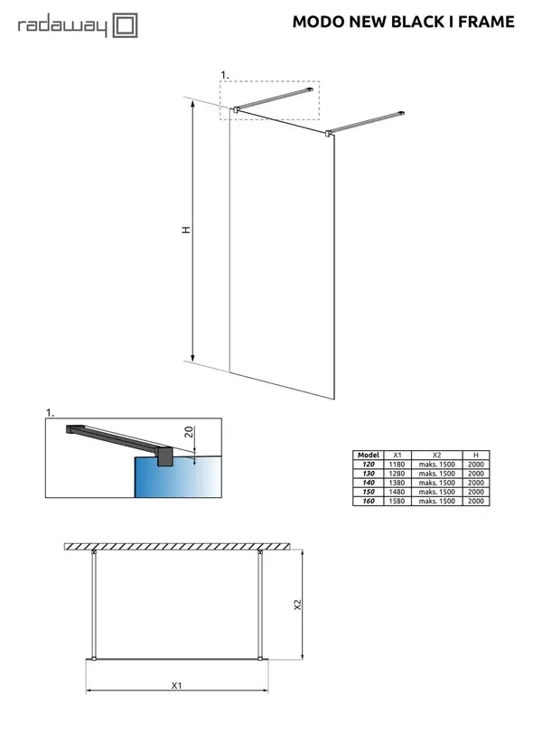 Душова стінка Modo New Black I 130 Frame (388134-54-58) RADAWAY
