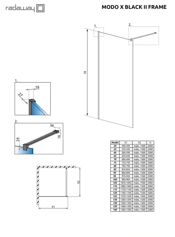 Душова стінка Modo X Black II 85 Frame RADAWAY (389285-54-56)
