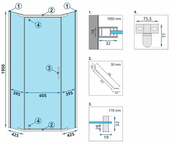 Душова Кабіна Rea Axin 90x90 + Душевий Піддон Чорний 90x90 KPL-K8779-8543