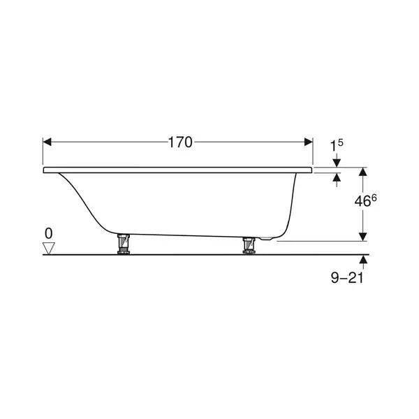 Ванна акриловая 170 х 75 х h46,5 см Geberit Tawa, slim rim в комплекте с ножками 554.121.01.1