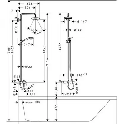 Душова система Hansgrohe Croma Select S Showerpipe 180 2jet з термостатом для ванни, білий / хром (27351400) Душова система Hansgrohe Croma Select S Showerpipe 180 2jet з термостатом для ванни, білий / хром (27351400)