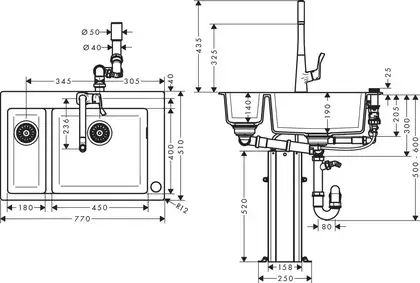 Кухонна мийка Hansgrohe Hansgrohe C51 C51-F635-04 Sink combi 770x510 зі змішувачем на 2 чаші 180/450, chrome (43215000)