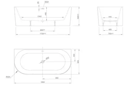 Ванна акрилова Knief Fresh Wall 180x80, Click-Clack з виливом, білий глянсовий (010023107/010009107) (010023107_010009107)