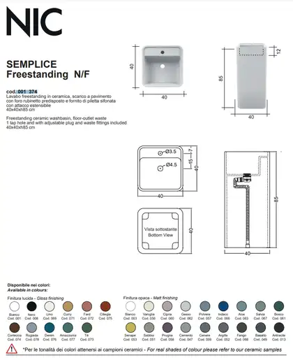 Nic-Design Умивальник окремо стоячий Nic Design Semplice 40х40х85 см з отвором під змішувач, зі зливом в підлогу, Antracite матовий (001374013)